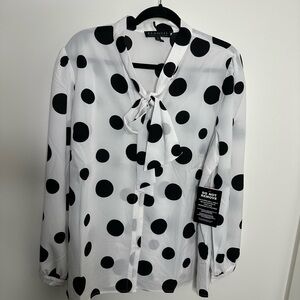 Eloquii Black and White Polka Dot Tie-Neck Blouse